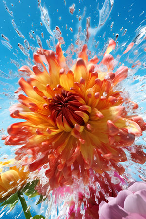 Colorful dahlia flower in water splashes on blue backgroundの素材