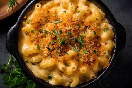 Macaroni and cheese with thyme as top view in a bowlの素材