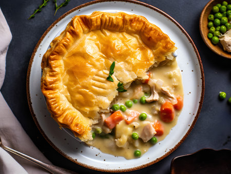 Delicious homemade chicken pot pie on dark background, top view.の素材