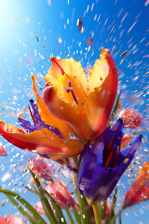 Tulips with raindrops on blue sky background. Spring flowersの素材