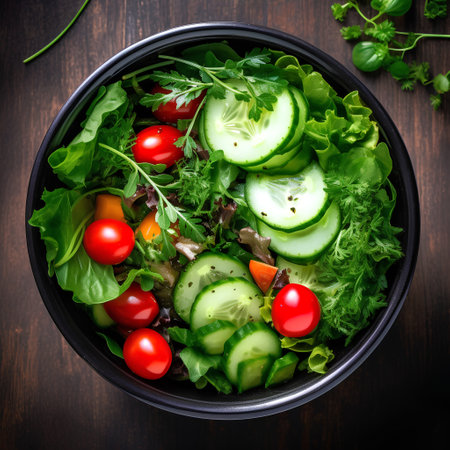 Fresh vegetable salad in bowl on wooden background. Top view, flat layの素材
