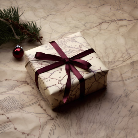 Christmas gift box with red ribbon on old map background. Toned.の素材