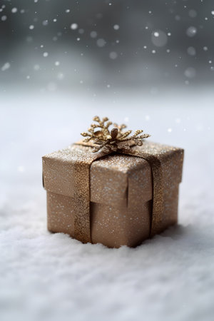 Christmas gift box with golden bow on snow with bokeh backgroundの素材