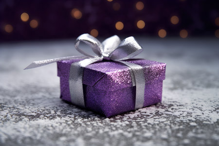 Purple gift box with silver ribbon on bokeh background.の素材