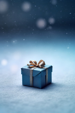 Blue gift box on blue background with snowflakes and falling snowの素材