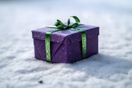 Christmas gift box on snow with bokeh background. New Year concept.の素材