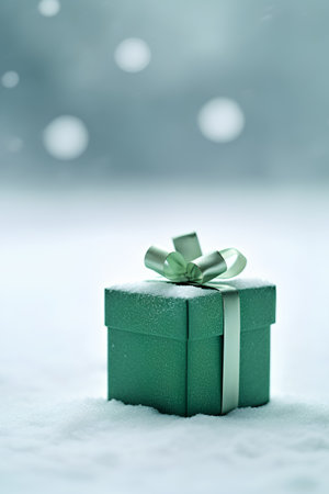 Green gift box in snow with bokeh background. Christmas and New Year concept.の素材
