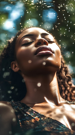 beautiful african american woman with closed eyes under raindropsの素材
