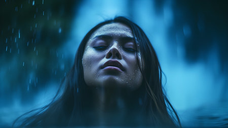 Portrait of a young woman in the rain. Blue toned.の素材