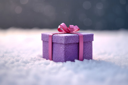 Purple gift box on snow with bokeh background. Christmas and New Year concept.の素材