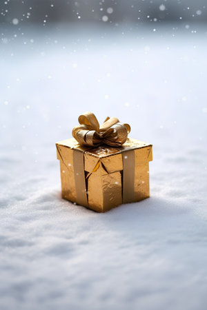 Golden gift box on snow background. Christmas and New Year concept.の素材