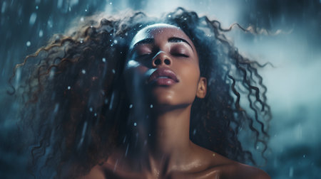 Beauty portrait of young sensual african american woman in rain.の素材