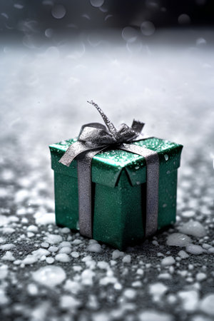 Green gift box with silver ribbon on snow background. Christmas concept.の素材