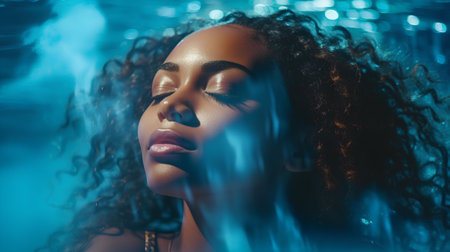 Beautiful african american woman with closed eyes and long curly hairの素材