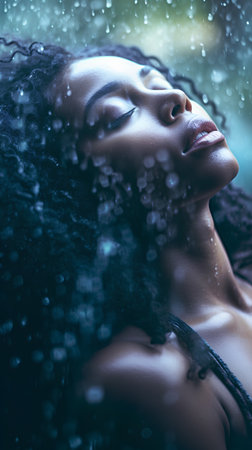 Beautiful african american woman with closed eyes posing in rainの素材