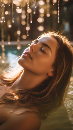 Beautiful young woman relaxing in a swimming pool at sunset. Portrait of a beautiful girl with closed eyes.の素材