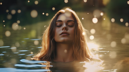 Portrait of young beautiful woman with long hair in the water.の素材