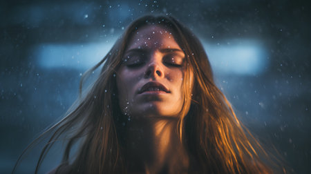 Portrait of a beautiful young woman with long hair in the rainの素材
