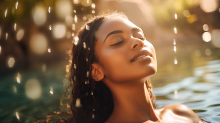 Beautiful young african american woman with closed eyes relaxing in swimming poolの素材