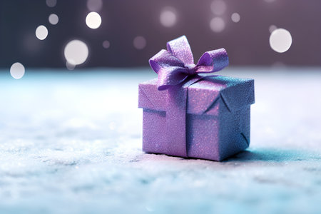 Gift box in snow with bokeh background. Christmas and New Year concept.の素材