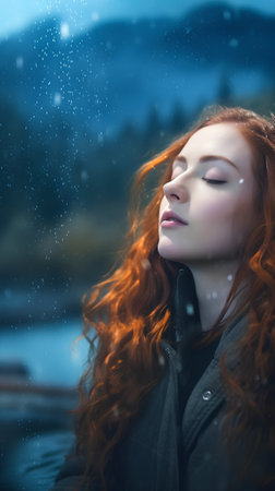 Portrait of a beautiful young woman with red hair in winter.の素材