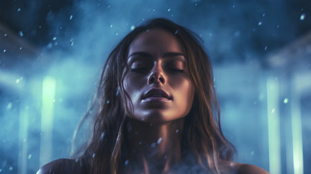 Beautiful young woman with closed eyes in the rain. Selective focus.の素材