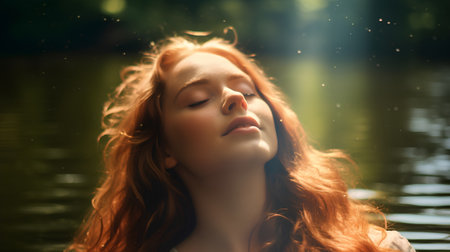 Portrait of a beautiful red-haired girl in a park.の素材