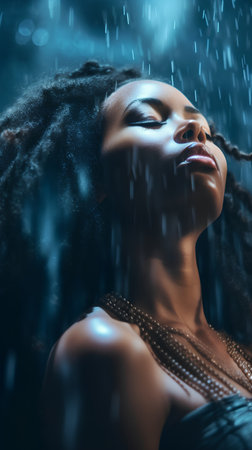 beautiful african american woman under rain, closeup portraitの素材