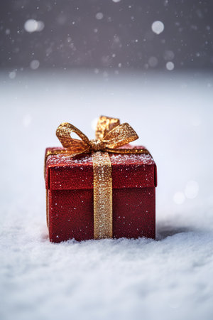 Red gift box on snow with bokeh background. Christmas concept.の素材