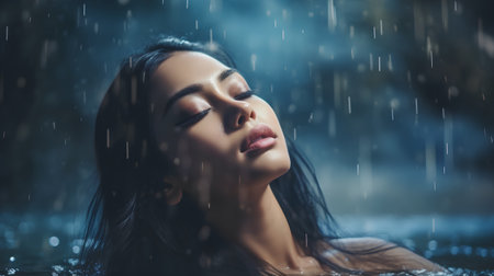 Beautiful young woman in a pool of water under the rain.の素材