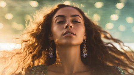 Portrait of beautiful young woman with long curly hair in colorful dress.の素材