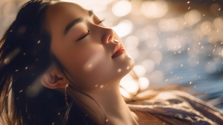 Portrait of a beautiful young woman with closed eyes. Sunset.の素材
