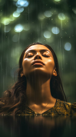 Portrait of a young woman with closed eyes and closed eyes in the rain.の素材