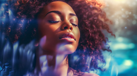 Close up portrait of beautiful african american woman with closed eyesの素材