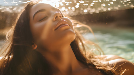 Beautiful young woman relaxing in outdoor swimming pool with sun rays.の素材