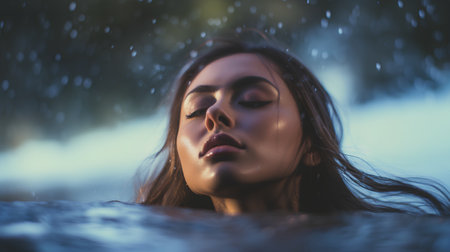 Portrait of a beautiful young woman with closed eyes in the snowy forest.の素材