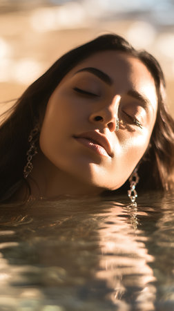 Portrait of a beautiful young woman with closed eyes in a swimming poolの素材