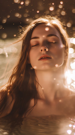 beautiful young woman with closed eyes in water on blurred bokeh backgroundの素材