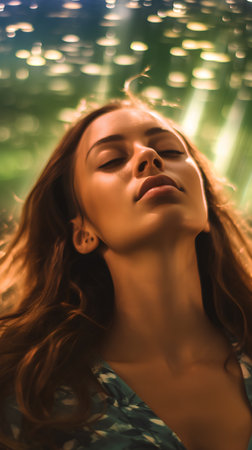 Portrait of a beautiful young woman with long hair and green eyes.の素材