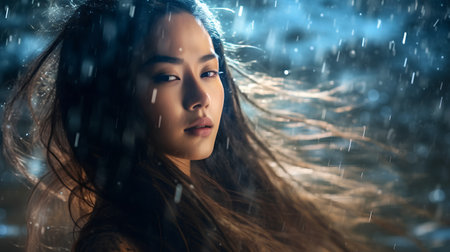 Beautiful young asian woman with long hair in the rain.の素材