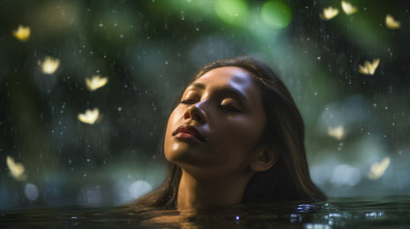 Portrait of a beautiful young woman with closed eyes in the rainの素材