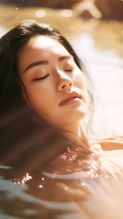 Portrait of a beautiful young asian woman relaxing in swimming poolの素材
