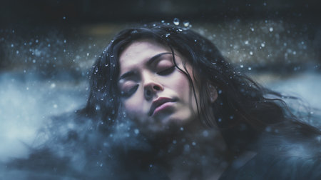 Portrait of a young woman with raindrops on her face.の素材
