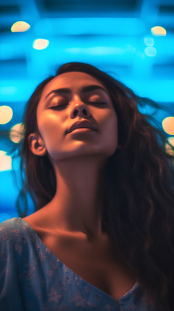 Portrait of a beautiful young woman with curly hair in a blue dress.の素材