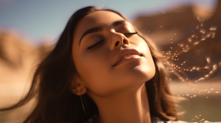 Portrait of a beautiful young woman with closed eyes in the desertの素材
