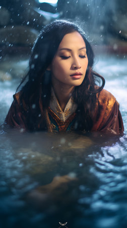 Beautiful brunette woman in a bath with water in the rainの素材