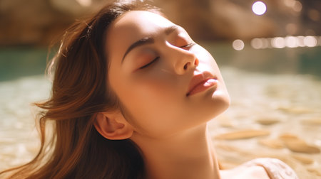 Portrait of young beautiful woman relaxing in hot tub. Spa.の素材