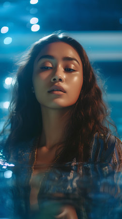 Portrait of a beautiful young woman in the swimming pool at nightの素材
