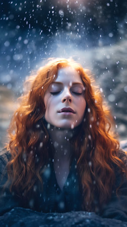 Beautiful young woman with long curly red hair under the falling snowの素材