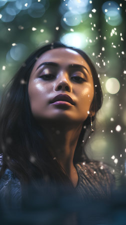 Portrait of a beautiful young woman on the background of night cityの素材